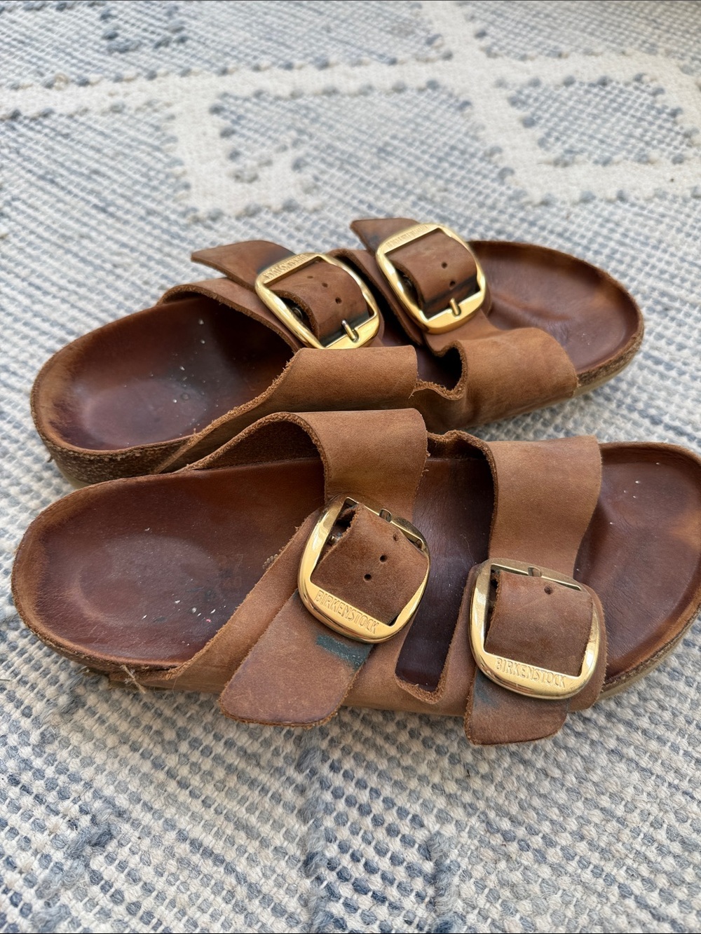 Birkenstock Brown Leather Two-Strap Sandals with Gold Buckles